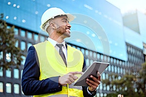 Thinking, tablet and a man construction worker in the city for planning, building or architectural design. Idea