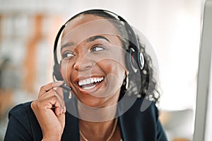 Thinking, telemarketing or black woman with funny, call center and customer service with help. Female person, consultant