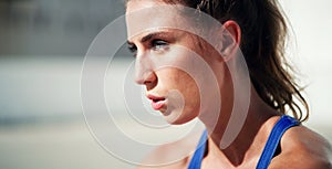 Thinking, tired and woman outdoor for fitness, health and workout in city for wellness on mockup space. Sports, face and