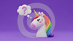 Thinking Unicorn with Question Mark. Cute 3D Render.