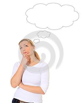 Thinking woman with blank thought bubble