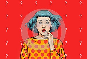 Thinking woman with with puzzled look keeps fore finger near lips standing near a wall with question marks.