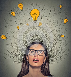 Thinking woman with question signs and light idea bulb above head looking up