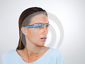 Thinking, woman and smart glasses for augmented reality, metaverse or innovation. Face, cyber eyewear and futuristic