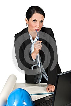 Thinking worker engineer woman in office