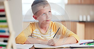 Thinking, writing and boy or. child learning, home education and mathematics solution, mind development and ideas