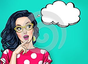 Thinking young woman with open mouth looking up on empty bubble.Pop Art girl is thought and holding hand near the face