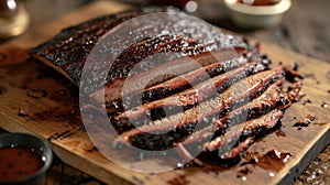 Thinly sliced beef brisket coated in a secret blend of es and slowcooked in a woodfired smoker. Each meltinyourmouth photo
