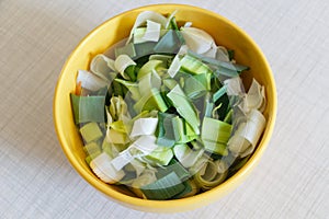 Thinly sliced leek in a bowl