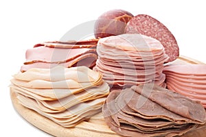 Thinly sliced meat on white background