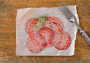 Thinly sliced salami sausage