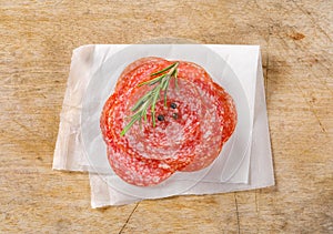 Thinly sliced salami sausage