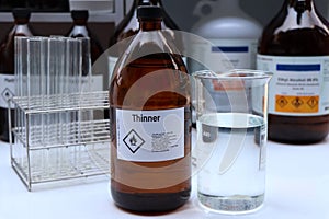 Thinner in glass,Hazardous chemicals and symbols on containers in industry