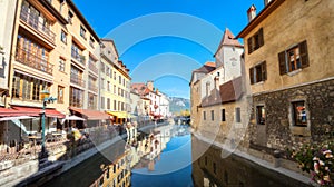 Thiou canal and Palais de l`Isle in old town of Annecy. France