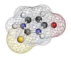 Thiouracil drug molecule. Obsolete drug molecule, previously used in the treatment of Graves\' disease. 3D rendering. Atoms are