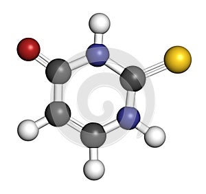 Thiouracil drug molecule. Obsolete drug molecule, previously used in the treatment of Graves\' disease. 3D rendering. Atoms are