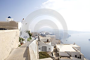 Thira, Santorini - panoramic view. Panoramic view Traditional famous white houses and churches in Thira town on Santorini island