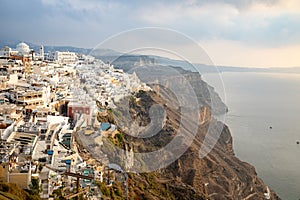Thira, Santorini - 18.10.2018: Panoramic view Traditional famous white houses and churches in Thira town on Santorini