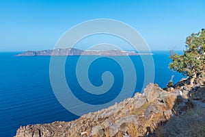 Thirasia island viewed from Santorini, Greece