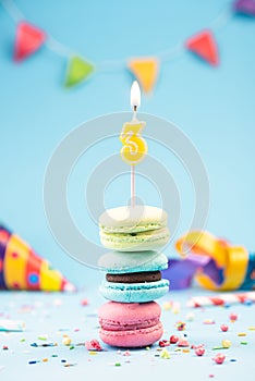 Third 3rd Birthday Card with Candle in Colorful Macaroons and Sprinkles. Card Mockup