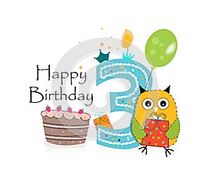 Third birthday greeting card. Cute owl, balloon and birthday cake vector background