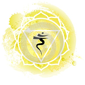 Third chakra manipura over yellow watercolor background photo