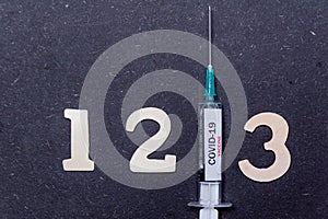 Third covid vaccine dose and jab concept with numbers. Syringe is seen on table as a concept for the 3rd covid-19 vaccine dose,