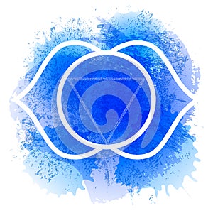 Third eye Ajna chakra line art on blue watercolor