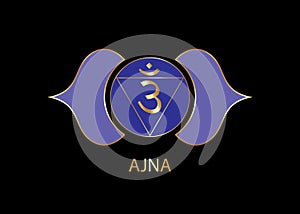 Third eye chakra Ajna logo template. The sixth frontal chakra, sacral gold sign meditation, yoga blue and purple round mandala