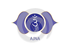 Third eye chakra Ajna logo template. The sixth frontal chakra, sacral sign meditation, yoga blue and purple round mandala icon