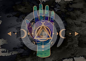 Third eye hand esoteric spiritual icon. Sacred pyramid of knowledge, an all-seeing eye. Mystical geometry, signs of the moon phase