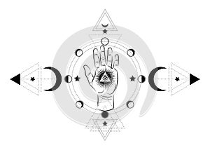 Third eye hand esoteric spiritual icon. Sacred pyramid of knowledge, an all-seeing eye. Mystical geometry, signs of the moon phase