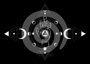 Third eye hand esoteric spiritual icon. Sacred pyramid of knowledge, an all-seeing eye. Mystical geometry, signs of the moon phase