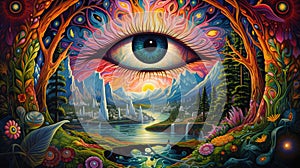 Third Eye looking over a colorful psychedelic landscape. Meditation, lucid dreaming, hallucinations. Generative AI photo