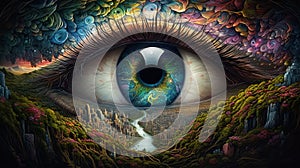 Third Eye looking over a surreal psychedelic landscape. Psychic visions, vivid dreams, lucid dreaming concepts. Generative AI