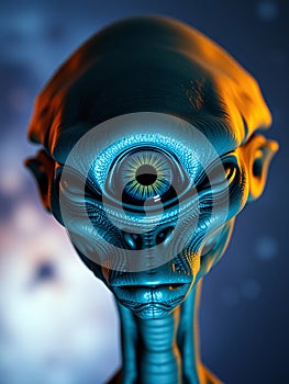 A third eye opened in the middle of the gray-skinned alien's forehead. The backdrop is the universe