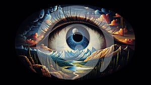 Third Eye peeking through the darkness and looking over a colorful landscape. Psychic visions, vivid dreams. Generative AI