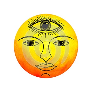 Third eye sun face abstract art mind spiritual color watercolor painting illustration design drawing nature