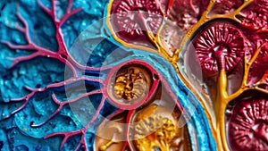 A third image shows a crosssection of a healthy kidney revealing its intricate network of tubes and vessels. The vibrant