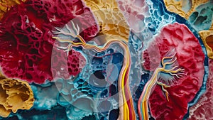 A third image shows a crosssection of a healthy kidney revealing its intricate network of tubes and vessels. The vibrant