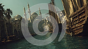 Third Ottoman dockyard angle with towering oared galleys under construction, cranes and scaffolds