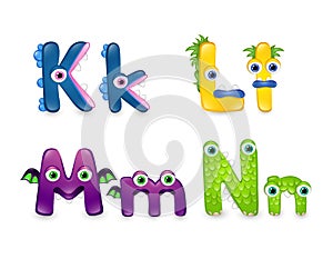 Third set of monster letters on white background. Colourful alphabet of different cute monsters.