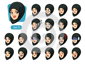 The third set of muslim woman in black hijab cartoon avatars