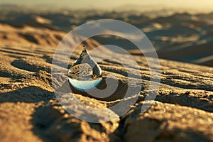 Thirst personified: a lone water droplet in the barren desert landscape, highlighting the importance of water