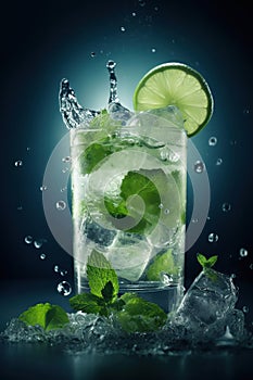 Thirst-Quenching Mojito Magic: A Closeup View of Ice-Cold Refreshment. Generative AI