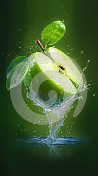 Thirst quenching moment Water splashes onto a vibrant green apple