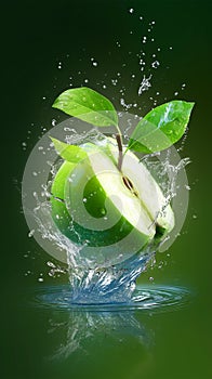 Thirst quenching moment Water splashes onto a vibrant green apple