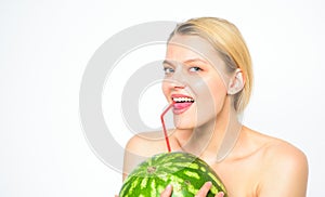 Thirst and water balance. Enjoy natural juice. Girl thirsty attractive nude drink fresh juice whole watermelon cocktail