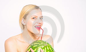 Thirst and water balance. Enjoy natural juice. Girl thirsty attractive nude drink fresh juice whole watermelon cocktail