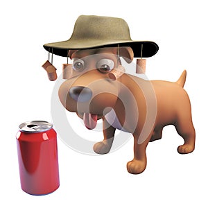 Thirsty 3d puppy dog cartoon character wearing an Australian bush tucker hat, 3d illustration